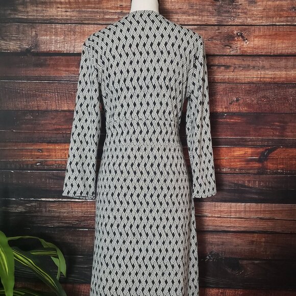 Talbots Dress M Lattice Print Faux Wrap Nylon Stretch Side Zip 3/4 Sleeve - Picture 3 of 11